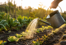 L’arrosage intelligent au potager : nos techniques pour économiser l’eau Main de jardinier arrosant des plants au potager au lever du soleil