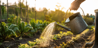L’arrosage intelligent au potager : nos techniques pour économiser l’eau Main de jardinier arrosant des plants au potager au lever du soleil