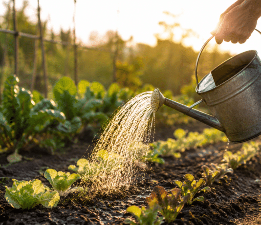 L’arrosage intelligent au potager : nos techniques pour économiser l’eau Main de jardinier arrosant des plants au potager au lever du soleil