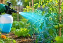 Bouillie bordelaise : quand et comment l’utiliser à bon escient au potager ? Pulverisateur appliquant bouillie bordelaise sur plants de tomates