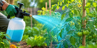 Bouillie bordelaise : quand et comment l’utiliser à bon escient au potager ? Pulverisateur appliquant bouillie bordelaise sur plants de tomates