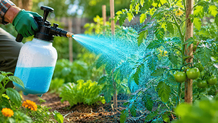 Bouillie bordelaise au potager Pulverisateur appliquant bouillie bordelaise sur plants de tomates