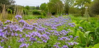 Les engrais verts : lesquels semer pour enrichir la terre de son potager ? Champ de phacelie en floraison violette au milieu d un potager bio