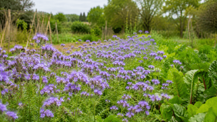 Engrais verts phacelie au potager Champ de phacelie en floraison violette au milieu d un potager bio