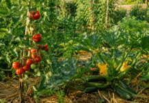 L’entretien du potager en été : arrosage, paillage et premières récoltes Potager bio en plein ete avec tomates et courgettes paillage