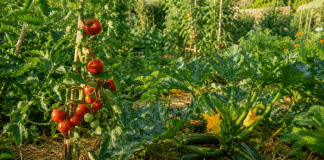 L’entretien du potager en été : arrosage, paillage et premières récoltes Potager bio en plein ete avec tomates et courgettes paillage