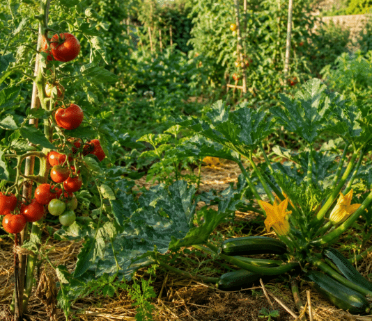 L’entretien du potager en été : arrosage, paillage et premières récoltes Potager bio en plein ete avec tomates et courgettes paillage