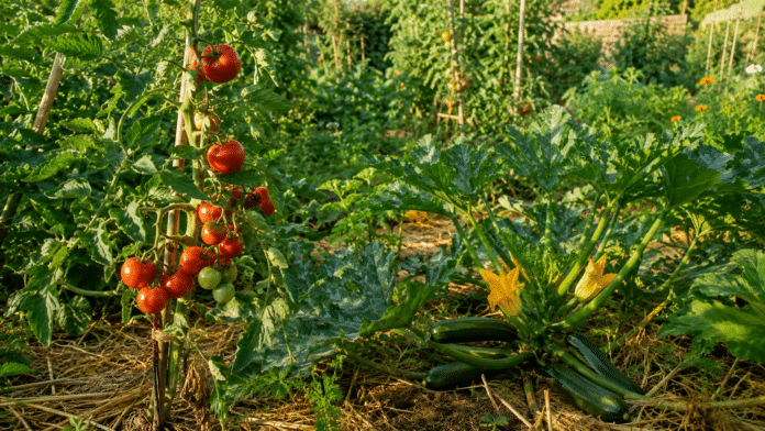 Entretien du potager en ete Potager bio en plein ete avec tomates et courgettes paillage
