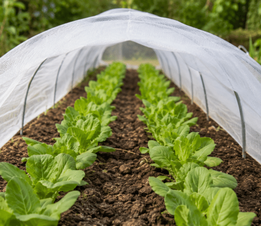 Installer un filet anti-insectes : la meilleure protection pour vos cultures Rangées de plants protégés par filet anti-insectes blanc au potager bio