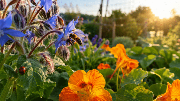 Insectes auxiliaires au potager Coccinelle et abeille butinant des fleurs au potager bio