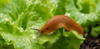 Comment se débarrasser des limaces au potager de manière écologique ? Limace orange sur une feuille de salade au potager bio