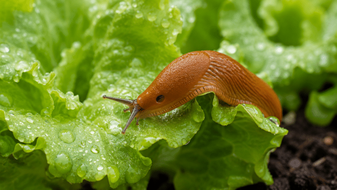 Limace au potager - photo réaliste Limace orange sur une feuille de salade au potager bio