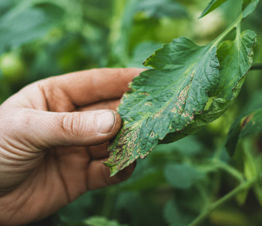 Identifier et traiter les maladies du potager : le guide des solutions naturelles Main de jardinier examinant une feuille malade au potager bio