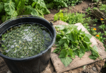 Le purin d’ortie : recette et utilisations de cet allié indispensable du jardinier Seau de purin d ortie en fermentation et orties fraiches au potager bio