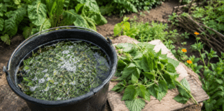 Le purin d’ortie : recette et utilisations de cet allié indispensable du jardinier Seau de purin d ortie en fermentation et orties fraiches au potager bio