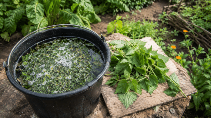 Purin d ortie au potager Seau de purin d ortie en fermentation et orties fraiches au potager bio