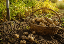 Quand et comment récolter les pommes de terre pour une conservation optimale ? Recolte de pommes de terre fraichement deterrees dans un panier en osier