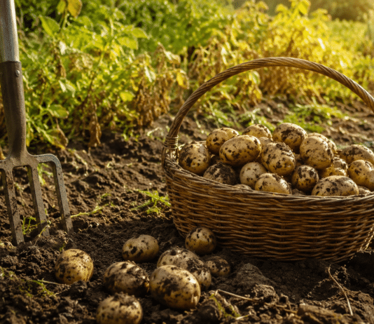 Quand et comment récolter les pommes de terre pour une conservation optimale ? Recolte de pommes de terre fraichement deterrees dans un panier en osier