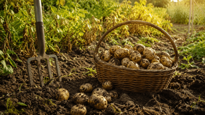 Recolte de pommes de terre au potager Recolte de pommes de terre fraichement deterrees dans un panier en osier